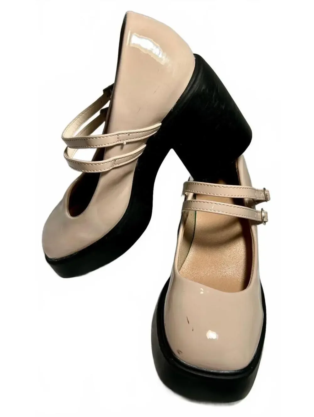 TOP MODA Womens 6.5 Nude Patent Mary Jane Platform Heels Double Strap Chunky Y2K
